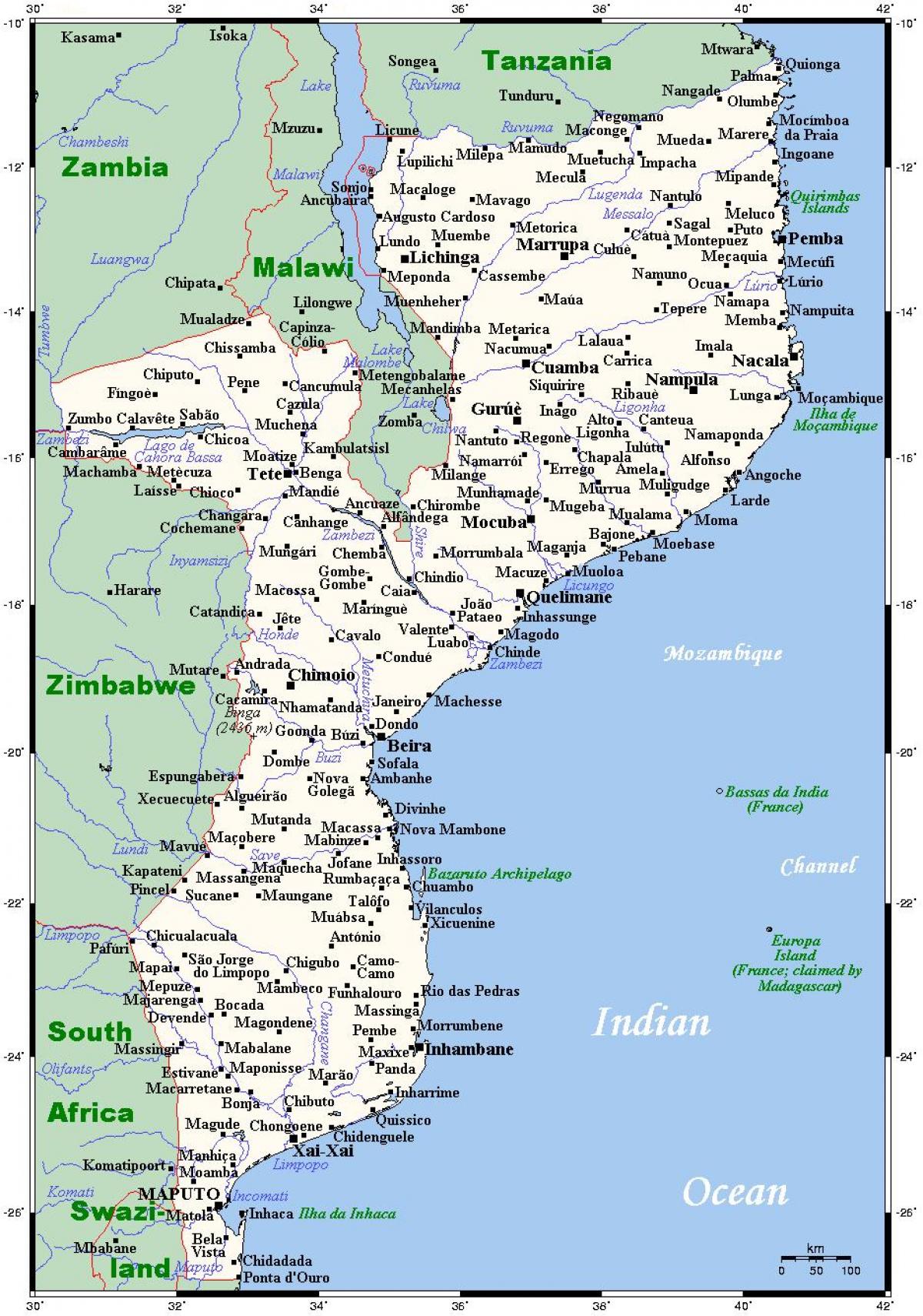 mapa de Mozambique cidades