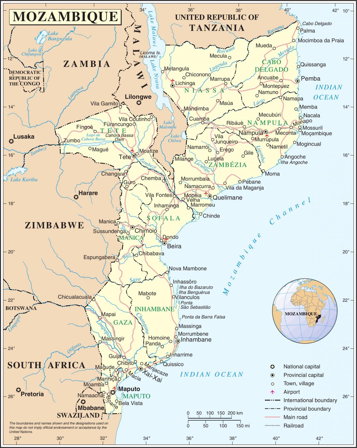aeroportos en Mozambique en un mapa